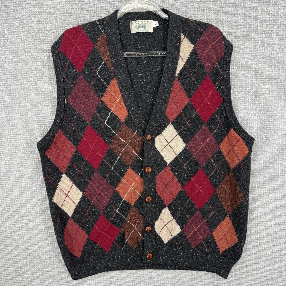 Blarney Woollen Mills Sweater Vest Mens Large Multi Argyle Lambswool Ireland‎